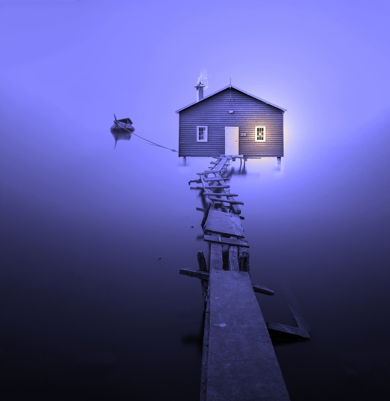 Boat House Colourless Foggy Bank  - FelixMittermeier / Pixabay